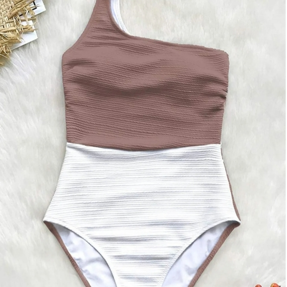 NWOT One-Shoulder Brown and White Swimsuit